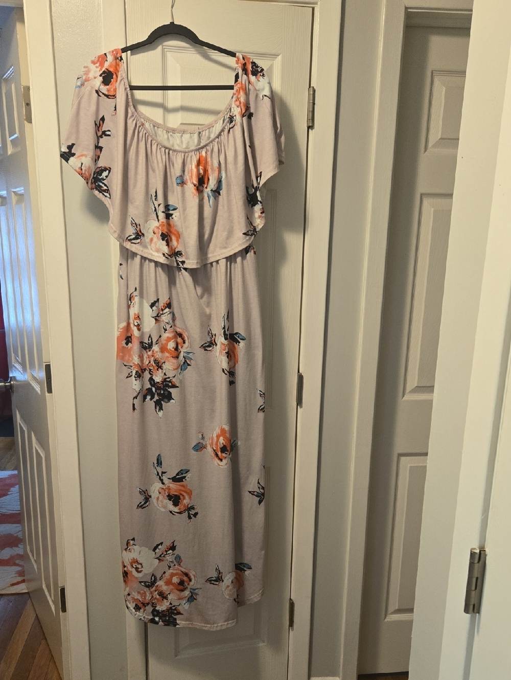 Floral Tiered Off-Shoulder Maxi Dress - Light Lavender and Orange